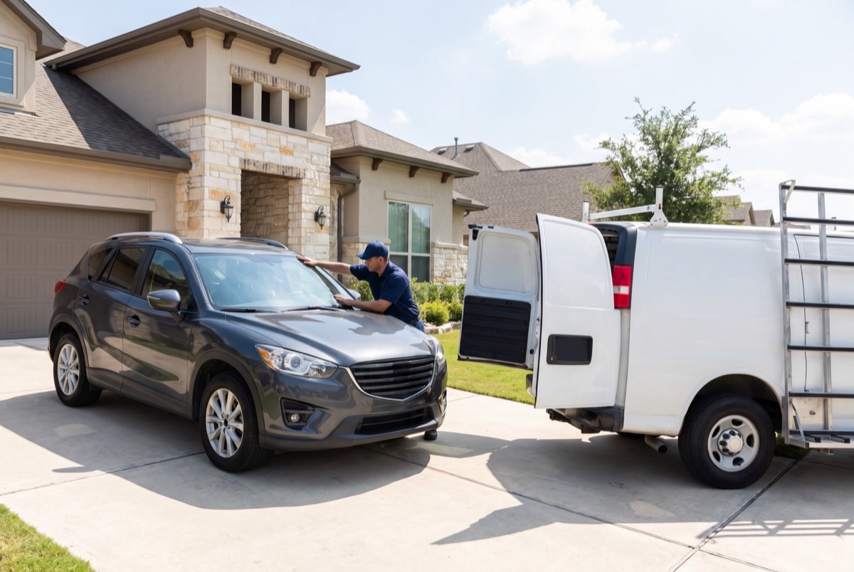 Mobile auto glass van and technician working on an SUV windshield in a Celina, TX driveway