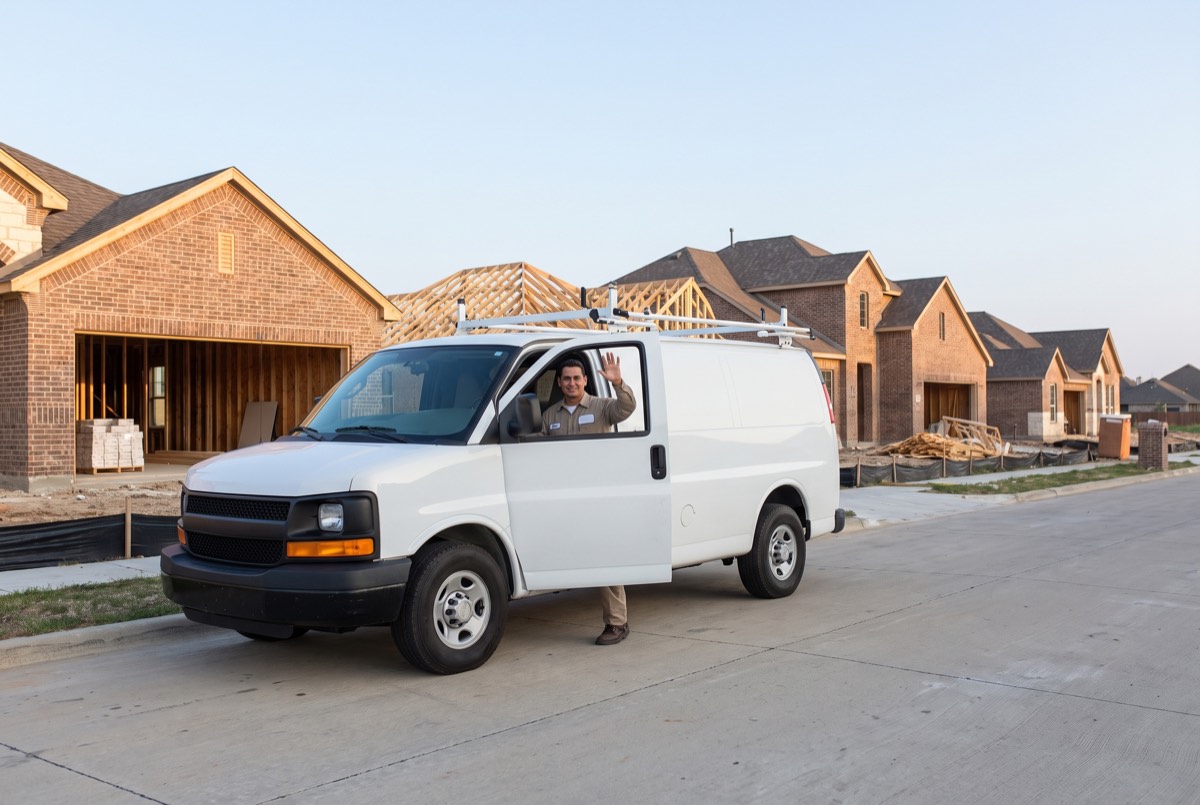 Mobile auto glass van arriving in a new Celina, TX neighborhood with homes under construction